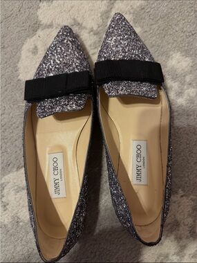 Jimmy Choo Silver Glitter Pointed Flats with Black Bow